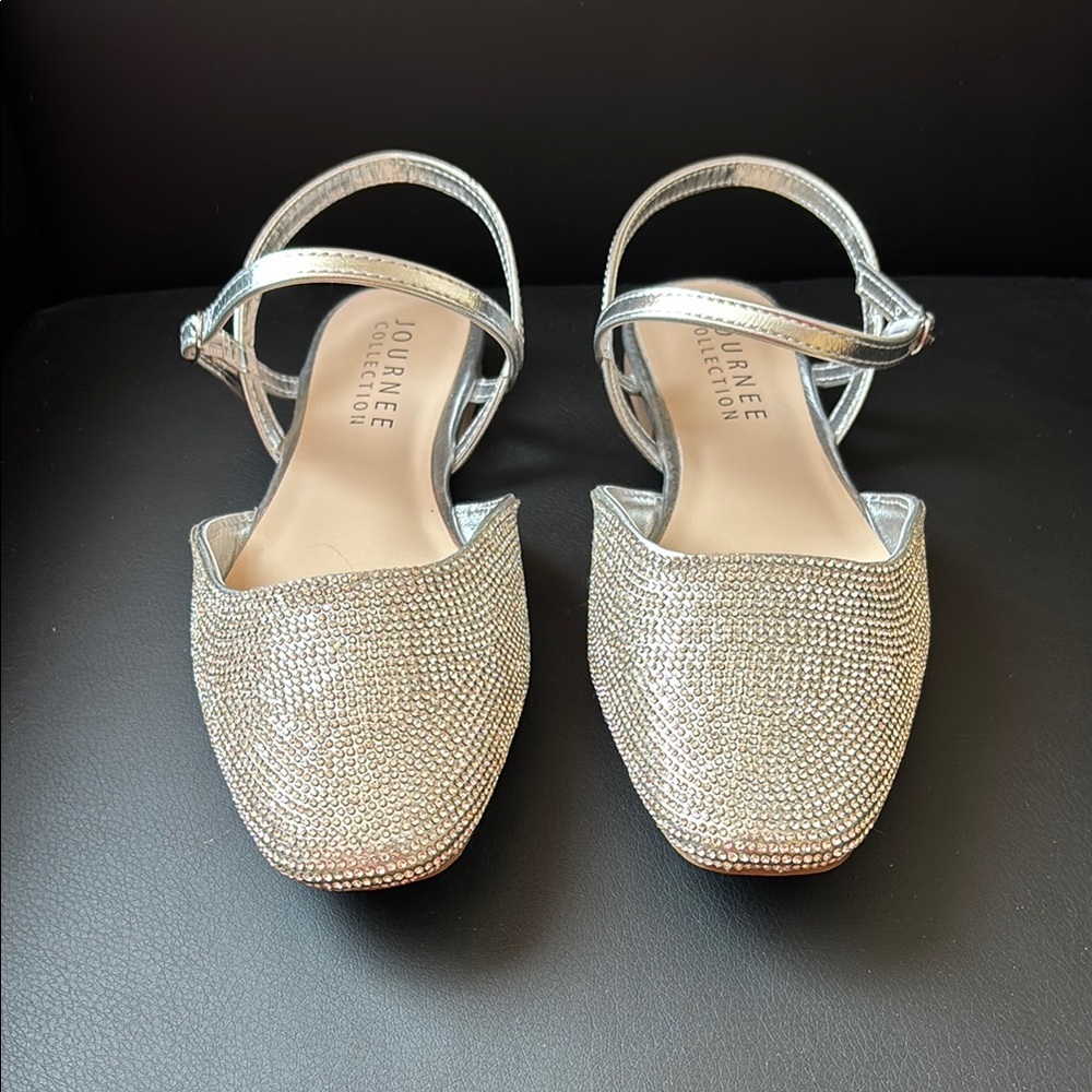 Journee Silver Rhinestone flats with Ankle Strap